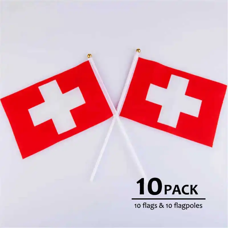 10 Pack Handheld Swiss Flag Switzerland Banner 14x21cm Polyester Printed With Flagpole For Decoration Celebration Parades Sports