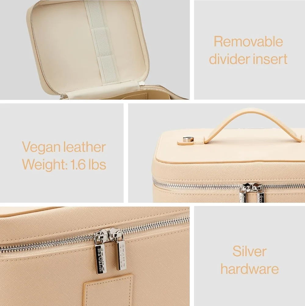 Stylish Travel Makeup Bag Organizer with Dividers - Beige Vanity Case for Cosmetics view 3