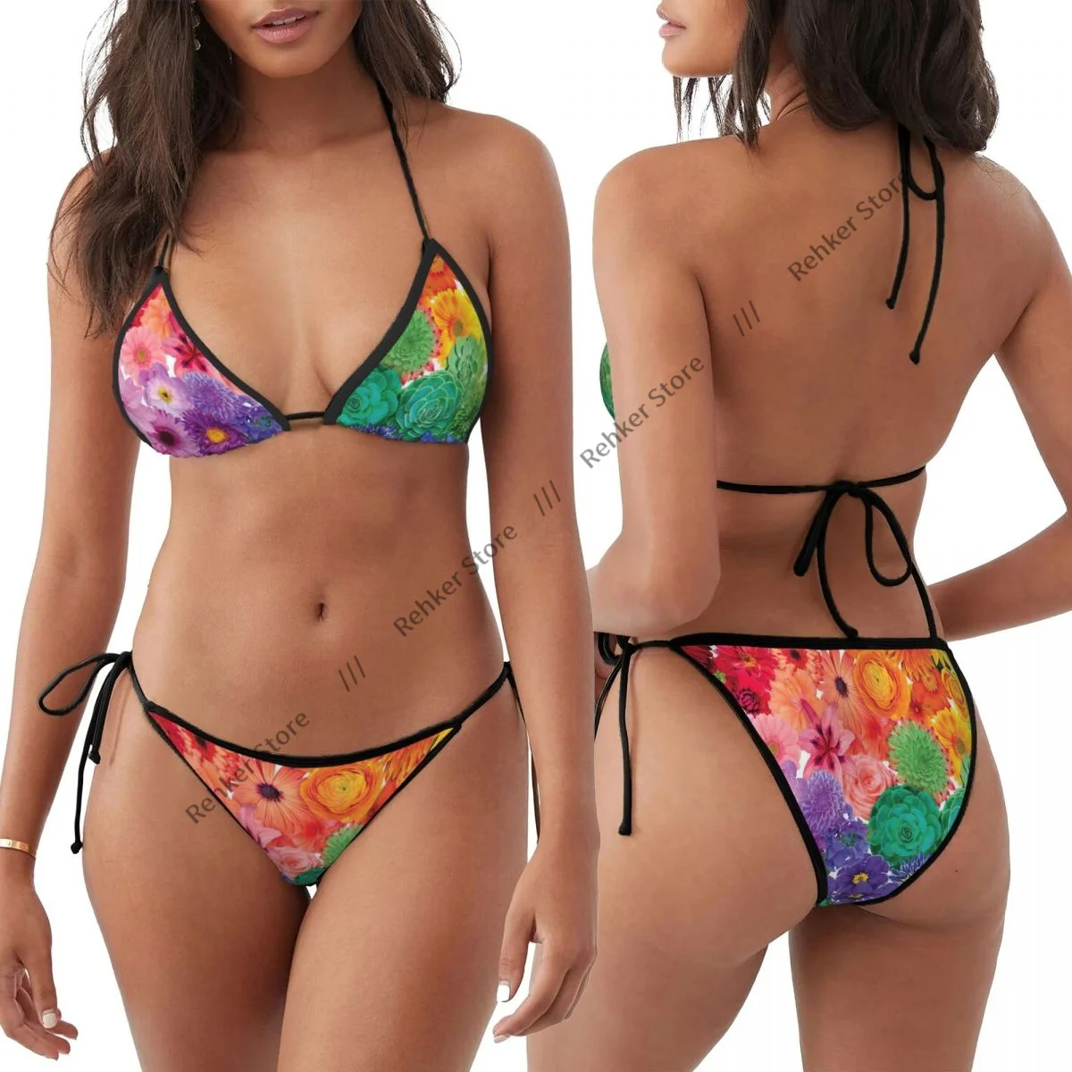 

Sexy Thong Bikini Mujer Swimwear Women Rainbow Flowers Summer Beachwear