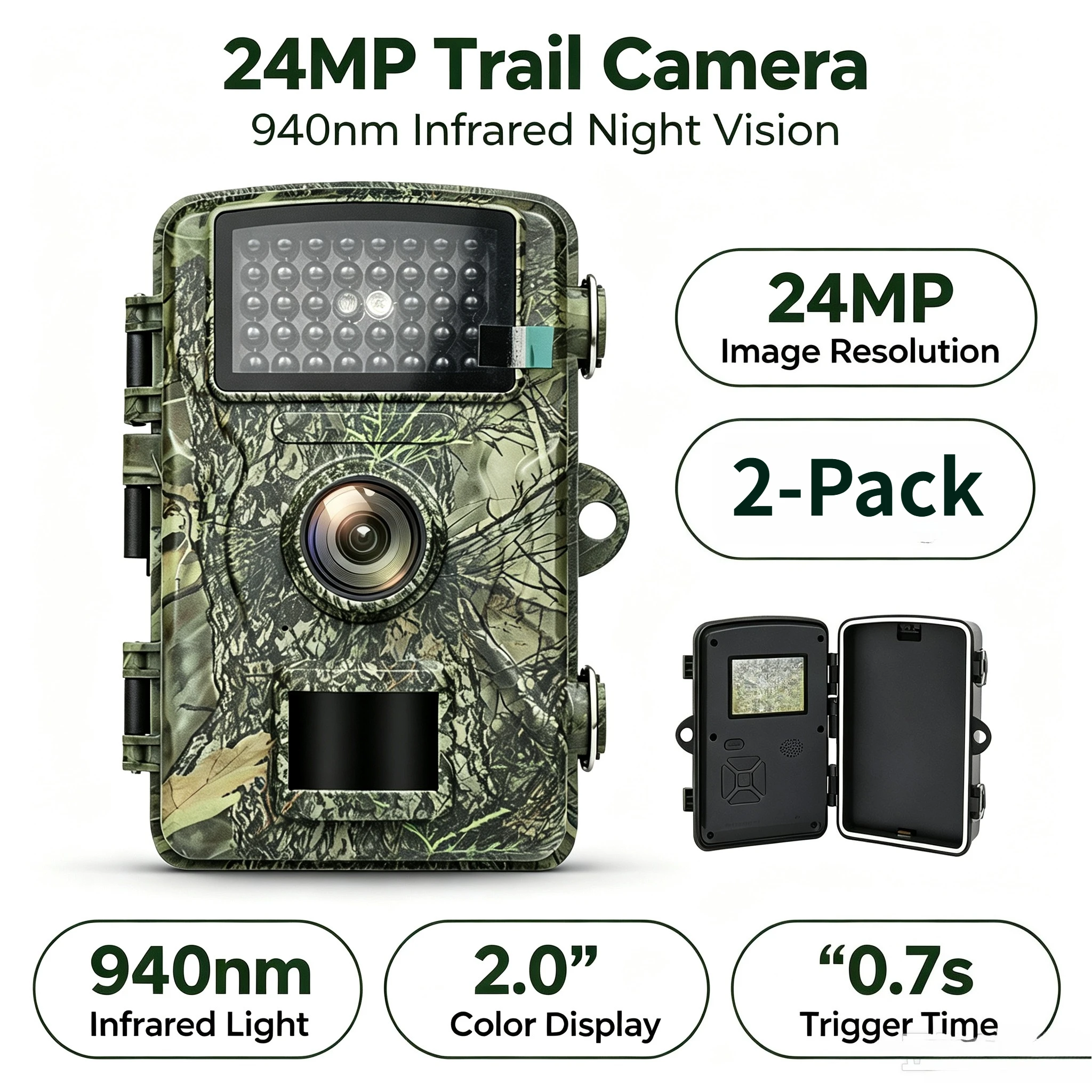 2 Pack 24MP Trail Camera 940nm No Glow Infrared Night Vision 2.0 Inch Screen Waterproof Outdoor Wildlife Hunting Deer Scouting