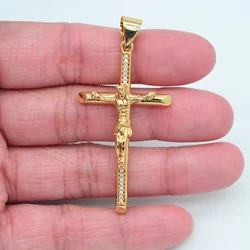 High Quality Gold Color Clear Cubic Zirconia Religious Jesus Crucifix Cross Pendant Jewelry