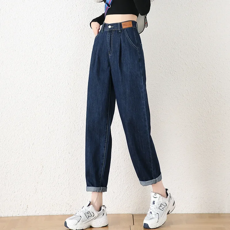 High Waisted Jeans Loose Straight Tube Harun Pants Dark Blue Elastic Denim Trousers