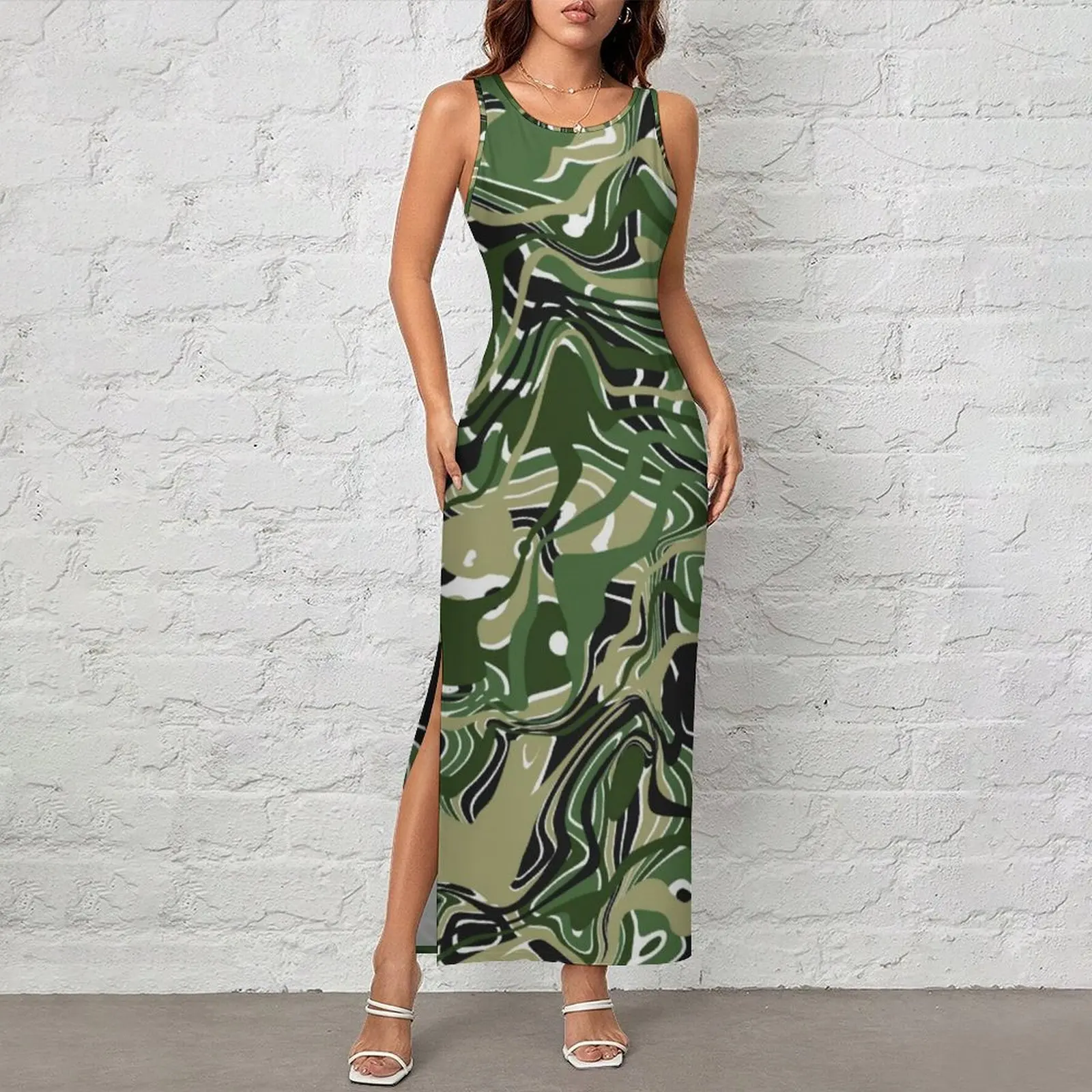 Abstract Print Dress Sleeveless Camo-like Liquid Modern Maxi Dresses Spring Aesthetic Pattern Bodycon Dress 2XL 3XL 4XL