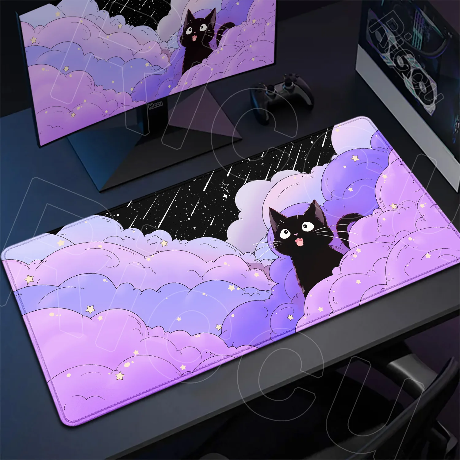 Podkładka pod mysz Cute Black Cats Cartoon Art Design Akcesoria do gier Purple Clouds Podkładka pod mysz Gamer HD Printing Computer Desk Mousepad — zdjęcie produktu 2