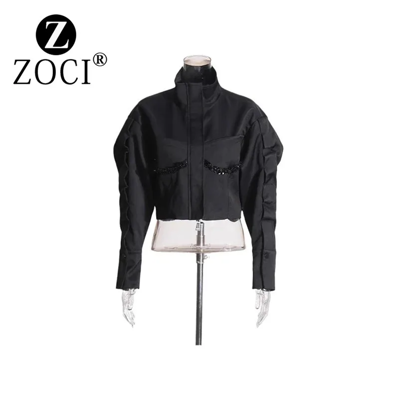 [ZOCI]High Autumn New Design, Niche Nail Bead Loose Short Chic Stand Up Collar Jacket, Top