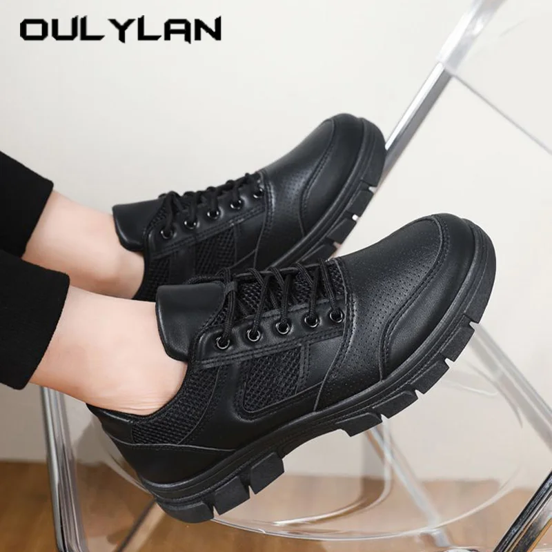 

Oulylan Male Breathable Waterproof Work Sneakers Solid Black Dirt-proof Casual Footwear Comfort Durable Anti-slip Training Shoes
