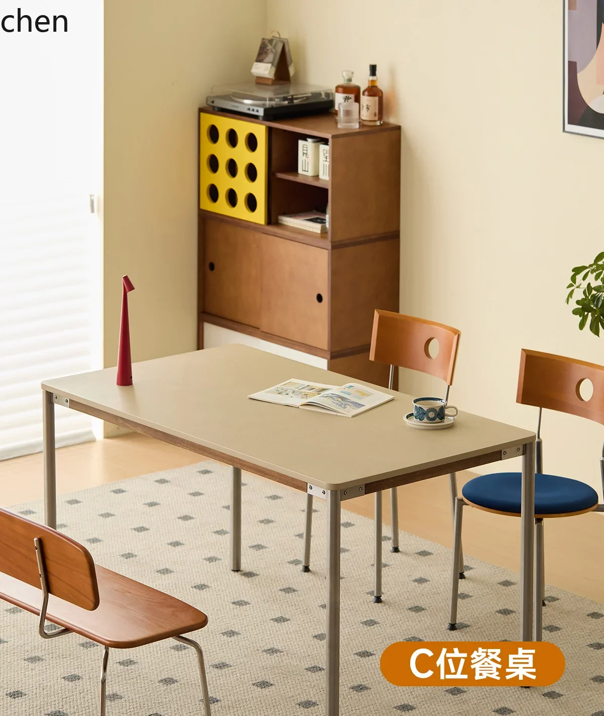 ZML Household Dining Table Matte Stainless Steel Solid Wood Rectangular Dining Table and Chair Set