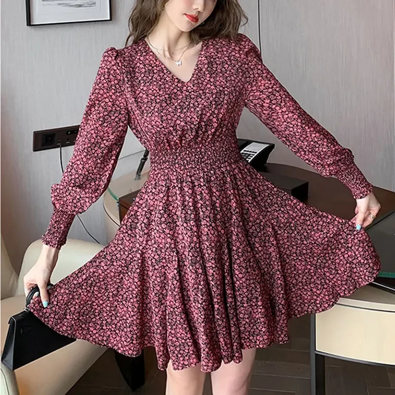 

Dresses For Women Summer Dresses Women's Party Elegant Dress Floral Dress Ladies Puff Sleeve V Neck High Waist Stretch Dres