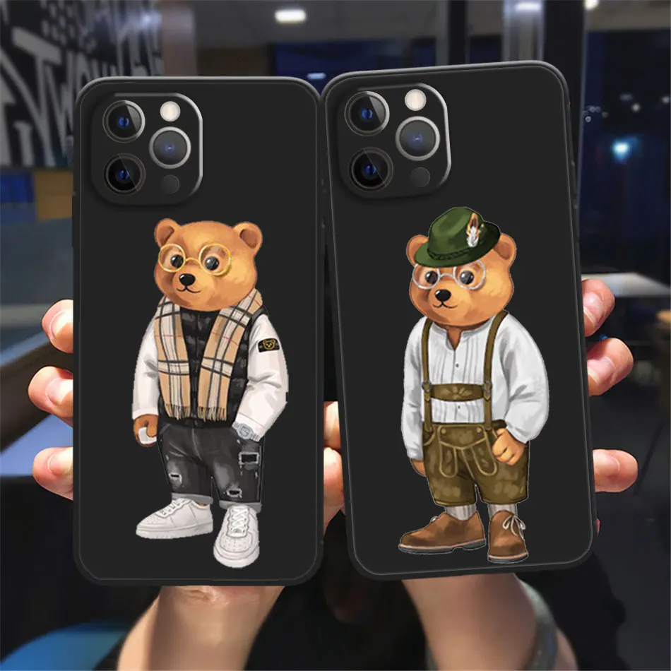 

Cute Bear Fashion Brand Protective Cover Phone Case For iPhone 16 15 14 13 12 11 Pro Max Mini 14 15 16 Plus Black soft shell