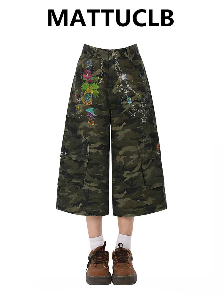 

2026 Summer Women Jean Jorts Camouflage Shorts Japanese Y2K 2000s American Retro Calf-Length Denim Pants Tide High Street Tide