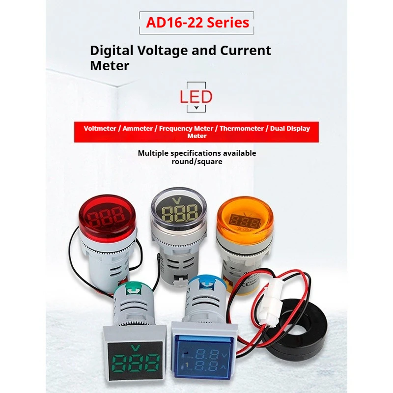 22mm Round Mini Digital Voltmeter Ammeter AC 20 500V 0 100A Dual LED Indicator Voltage Tester Pilot Lamp