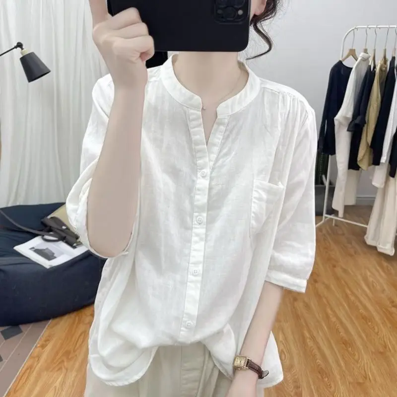 Women Summer Simplicity Loose Office Lady Pocket Solid Color V-neck Short Sleeve Shirts Ladies Fashion All-match Elegant Tops