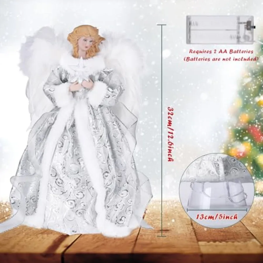 12-calowy aniołek na szczyt choinki z białymi piórami i podświetleniem LED, idealny do dekoracji świątecznych w domu.