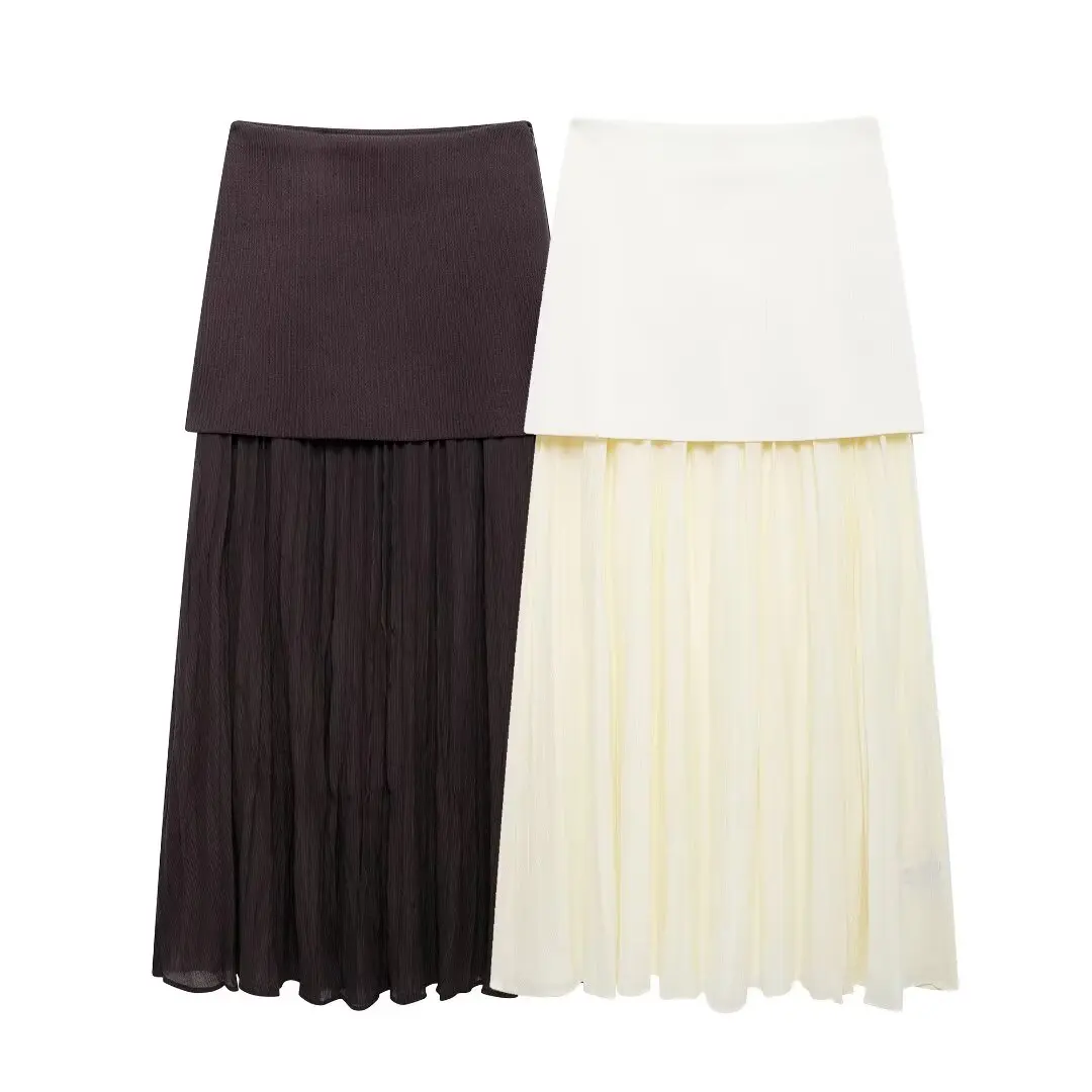 

Women's Fashion New Knitted Pleated Spliced Vintage Midi Chic Female High Waist Elegant Side Zip A-line Long Skirt Mujer
