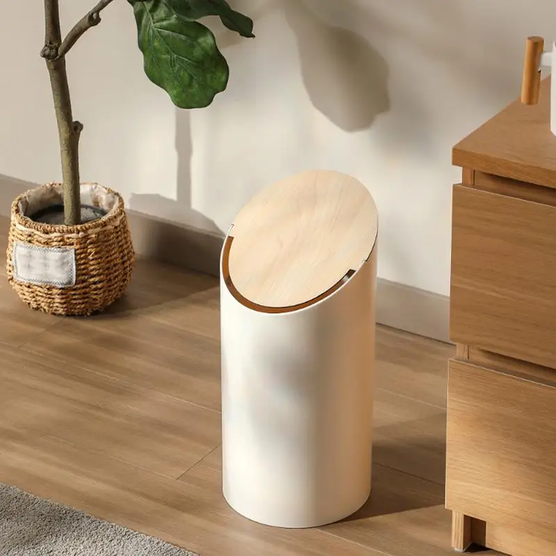 Trash Bin With Lid Round Covered Swing Top Trash Can White Household Covered Garbage Container Decorative Trash Can With Wooden