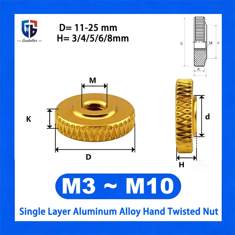 

1Pcs M3 M4 M5 M6 M8 M10 Single Layer Aluminum Alloy Knurled Thumb Nuts Standard Thin Step Nuts Machine Thread Fasteners Black