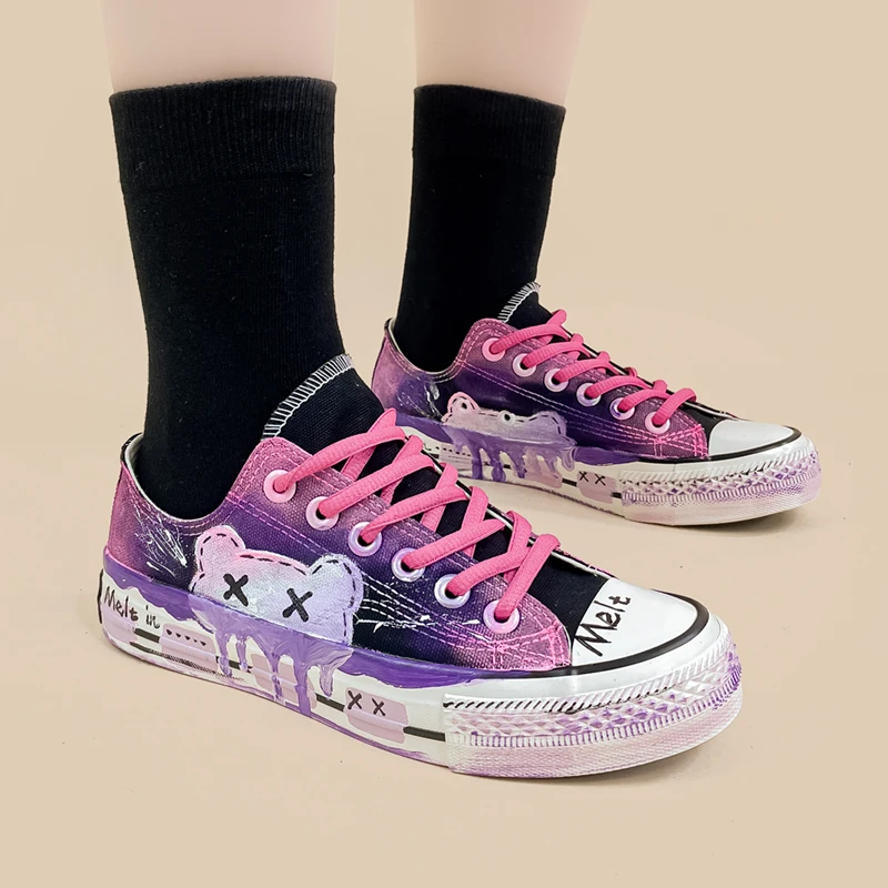 Amy and Michael Cute Girls Students Flat Casual Sneakers Graffiti Hand Painted Canvas Shoes Tennis Female Woman Vulcanize Shoes