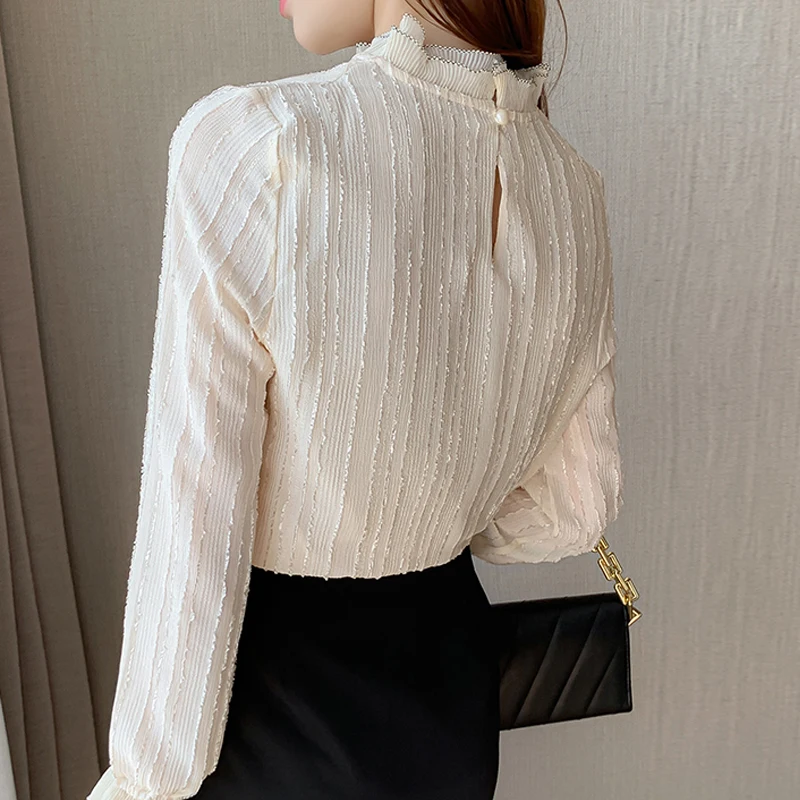 Autumn Women Stand Collar Lace Chiffon Blouse Shirt Tops Long Sleeve Blouse Women Blusas Mujer De Moda 2024 Blouses Female E127