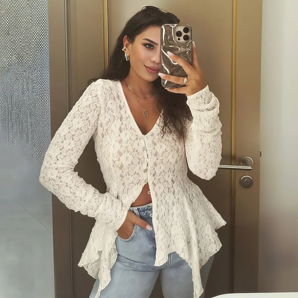 

Blifanbo Autumn V-Neck Long Sleeve Irregular Top For Women Slim Fit Fashion Elegant Button Patchwork New Female Tops Streetwear