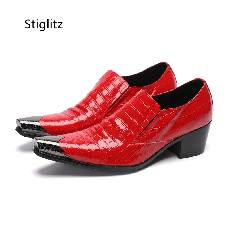 Red Wedding Shoes Patent Leather Men's Shoes Metal Toe Slip On Casual Business Shoes Solid Color Elegant Male Dress Shoe