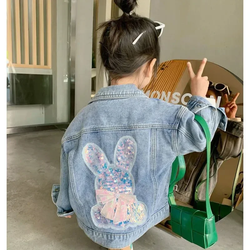 Autumn Denim Girls Jacket Fashion Cartoon Smile Windbreaker For Kids 2-12Years Children Clothing Outerwear Jackets Coats E4504