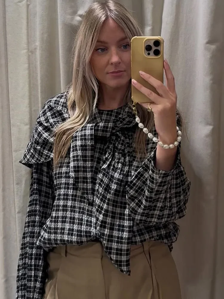 Retro Boog Lace Up Geruit Shirt Vrouwen Casual Ronde Hals Lange Mouw Losse Blouse Dame 2025, Herfst Dagelijks Pendelen Uitloper Nieuw