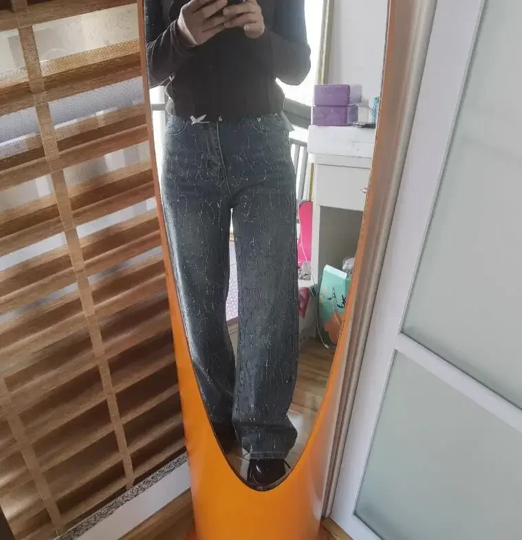 Jeans Women Denim Wide Leg Pants Diamonds High Waist Pockets Floor Length Distressed Washed Straight Trousers Streetwear 2025