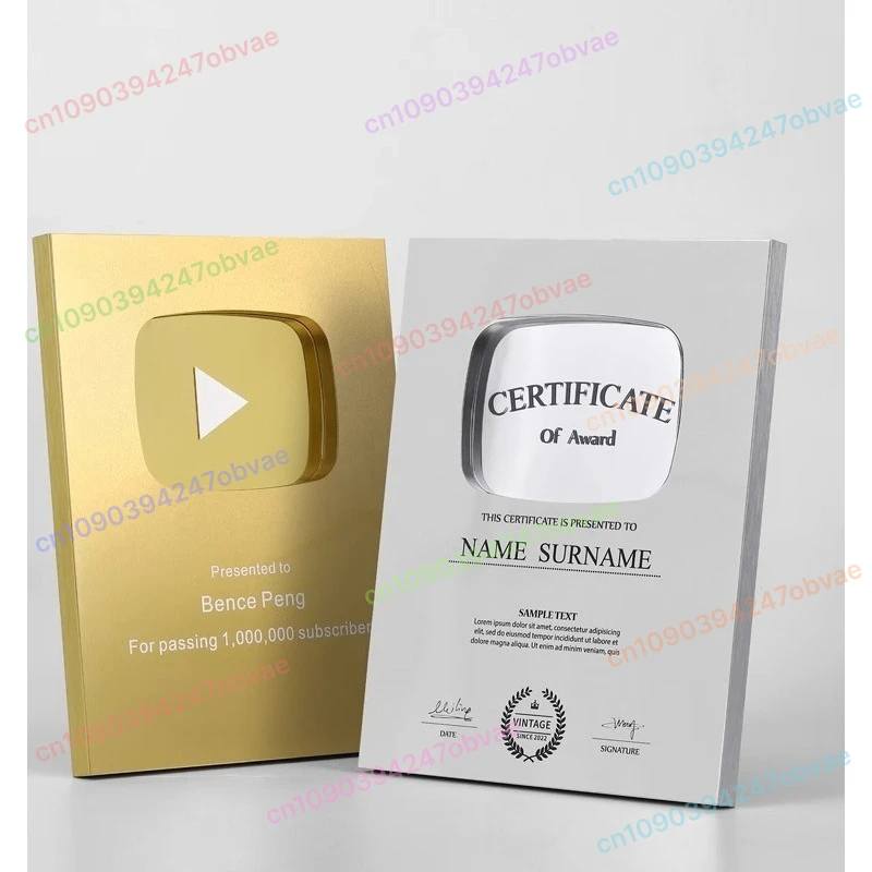 

Customized Aluminum Carving Printing Trophy Flat Gold Plated Silver Plated Shield Play Button Honor Business Gift Award