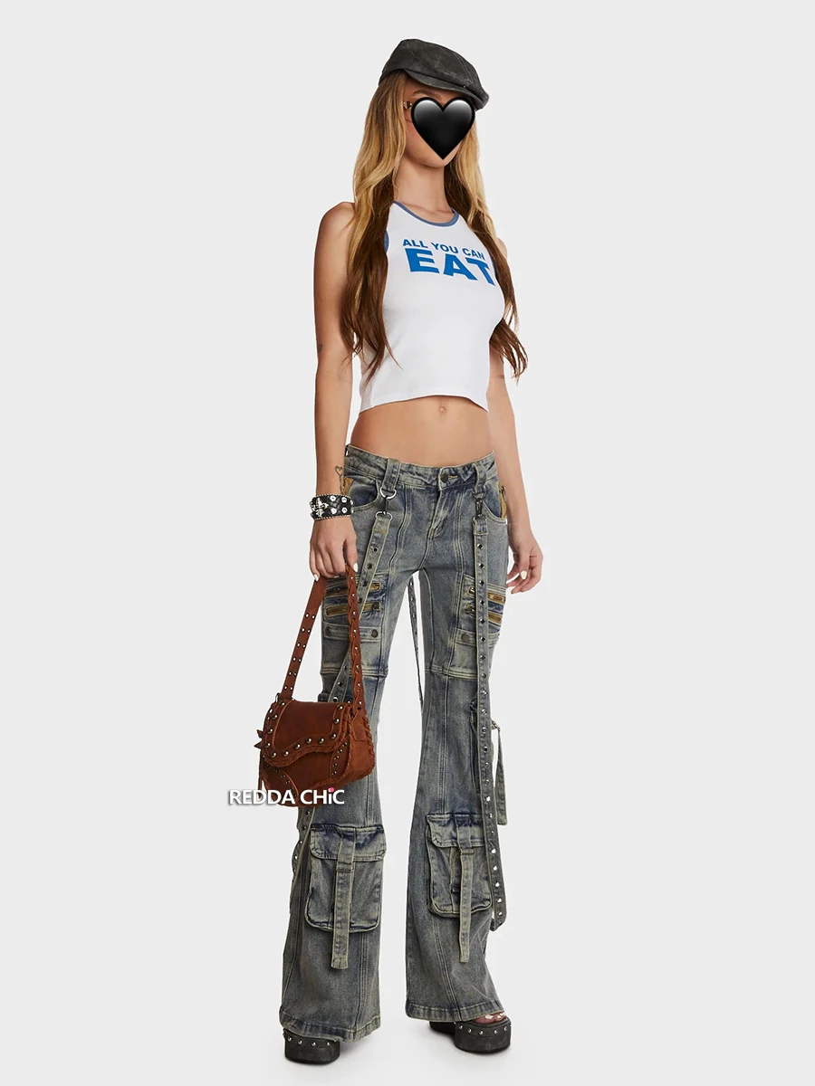 Imagem -04 - Reddachic-jeans Feminino de Cintura Alta com Bolsos Calça Vintage Azul Angustiada Bootcut Bolsos de Carga Cinto Destacável Streetwear Grunge Y2k