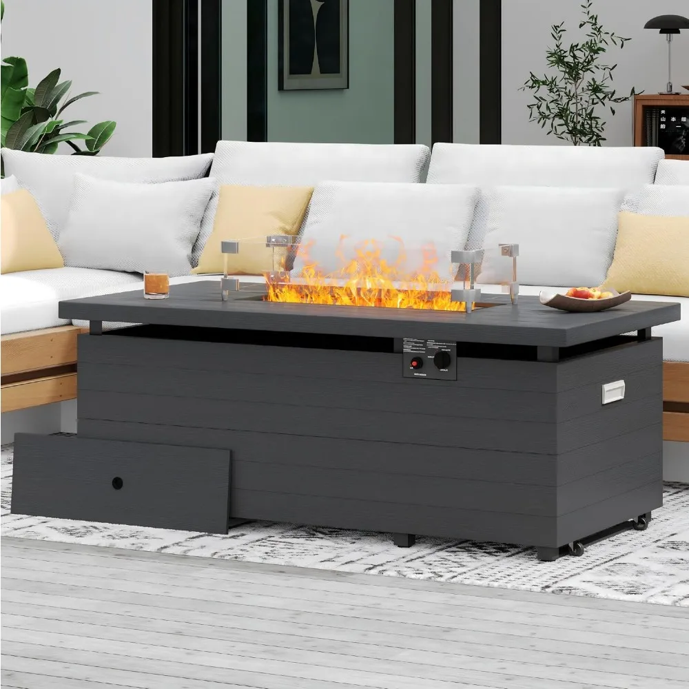51 Inch Fire Pit Table 50000BTU Propane Rectangle Sliding Tank Holder Glass Wind Guard Removable Lid CSA Certified Gray