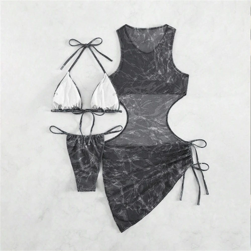 Abito bikini sexy cavo Cover-up Stampa Micro String Halter Costumi da bagno Costume da bagno gotico 3 pezzi Bikini da donna Set Costume da bagno da spiaggia