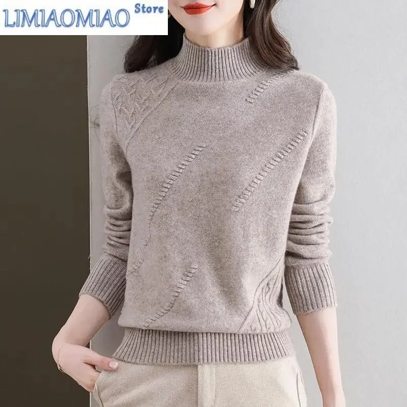 Women's Clothing Solid Color Pullover Long Sleeve Screw Thread Half High Collar Sweater Knitted Elegant Fashionable Tops
