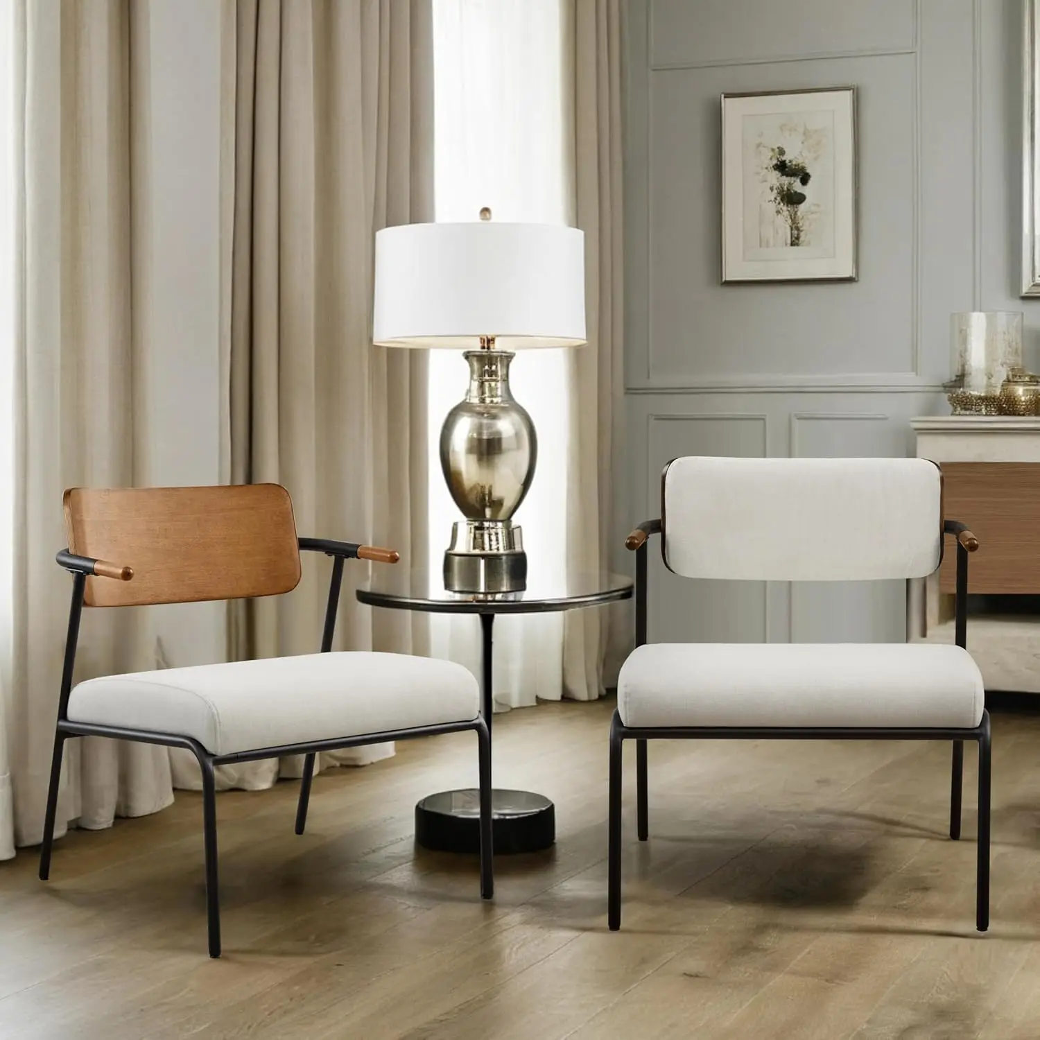 Simple Deluxe Accent Chair Set Of 2, Mid-Century Modern Accent Chair For Living Room, Upholstered Fabric Seat, Short Armrest