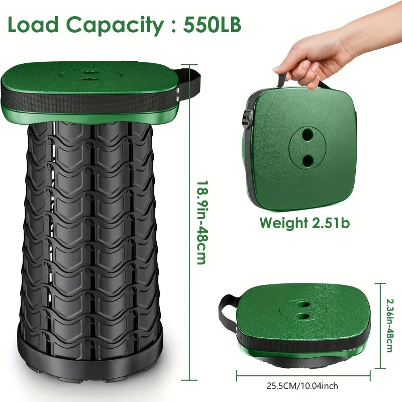 Adjustable Height Telescopic Folding Square Stool Portable Lightweight Outdoor Chair Sturdy Plastic Frame Green & Black