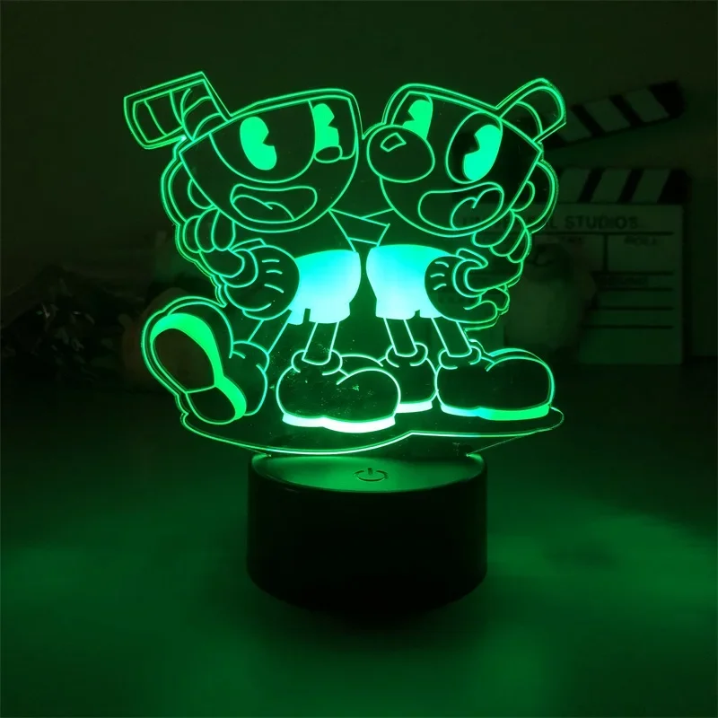 Veilleuse LED 3D avec Base Lumineuse, Jeu Cuphead, Belle Lampe de Table d'Nik, Cadeau pour Enfants, 7/16 Couleurs Changeantes