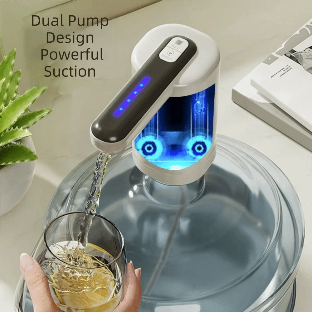 Double Pumps Design Electric Water Bottle Pump USB Charging Quantitative Gallon Bucket Water Dispenser LED Light Wireless
