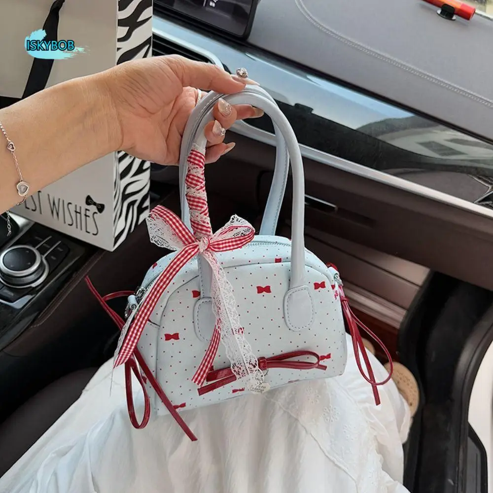 

Vintage French Style Bow Ribbons Bowling Bag Lace Ribbon Elegant Boston Shoulder Bag Casual Large Capacity Women Handbags Daily