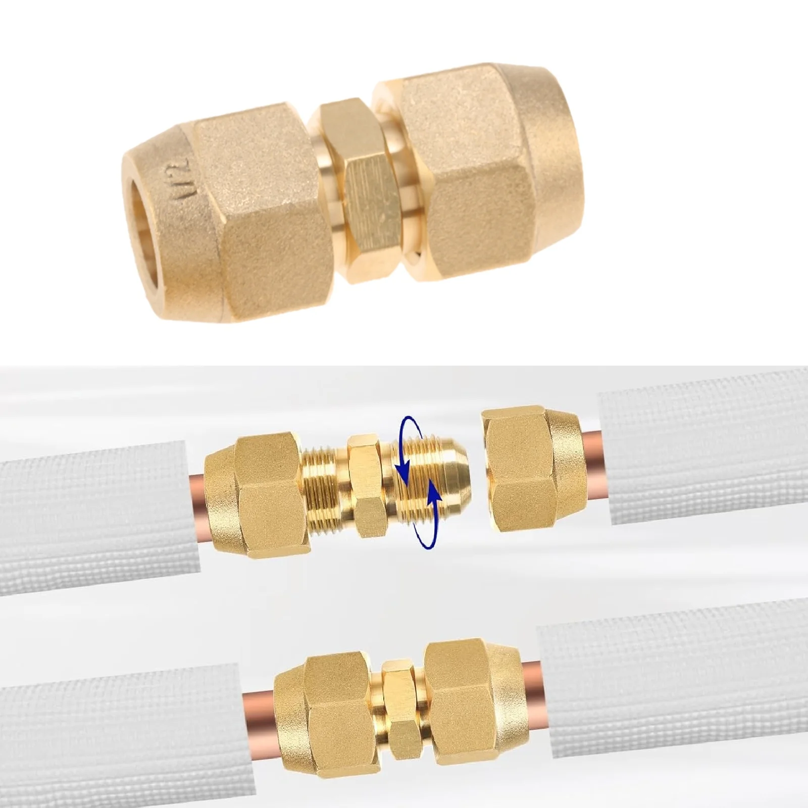 2pcs Solid Brass Air Conditioning Fittings for Quick Connecting 1/2Inch 12.7mm Copper Pipe Double End No-weld Plumbing Coupling