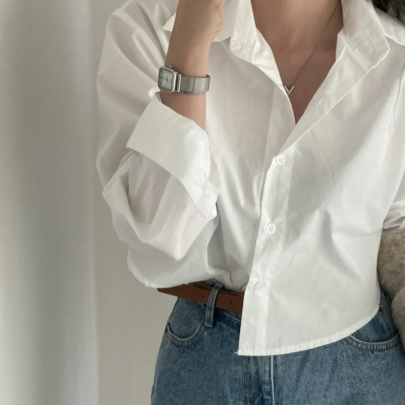 Women Fashion White Blouse Summer Harajuku Cropped Shirts Chic Elegant Long Sleeve Tops Korean Casual Loose Office Clothes 블라우스