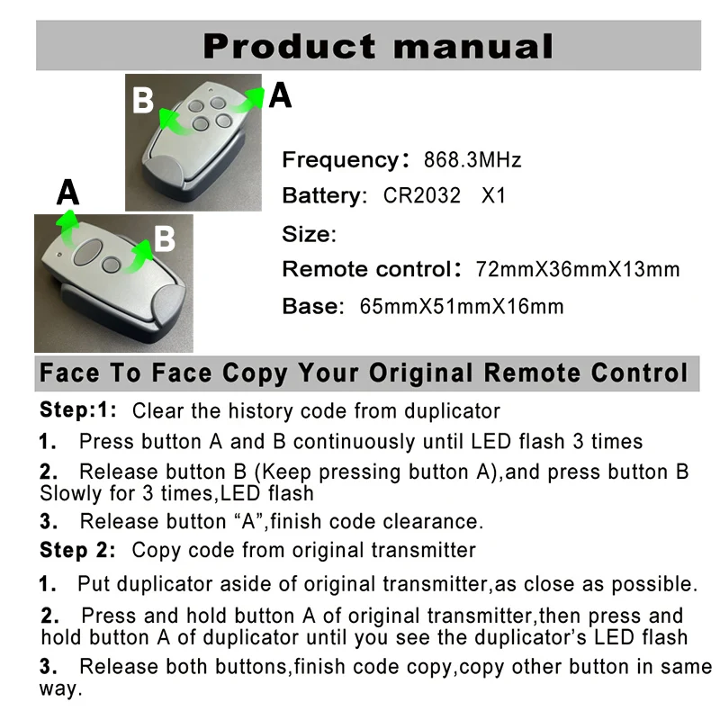 MARANTEC 868MHz Digital 302 304 382 384 313 321 323 868 Garage Door Remote Control Duplicator 868.3MHz Clone Gate Remote Control