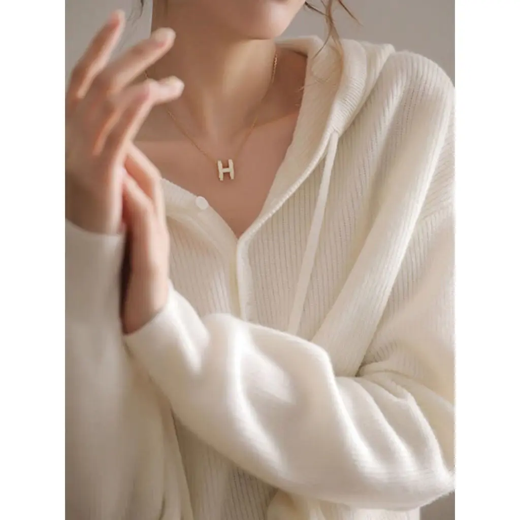 2023 Autumn Korean Edition Slouchy Loose Sweater Outerwear Versatile Top Milk White Hooded Knit
