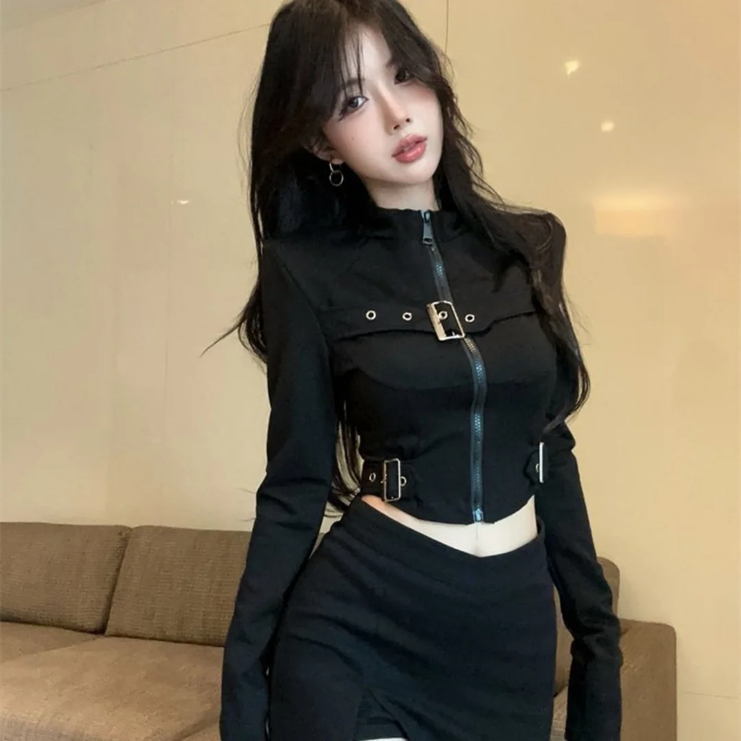 

Women's Spring Summer Versatile Long Sleeve Zip Up Crop Top Fishbone Design Trendy Slim Fit Layering Outerwear
