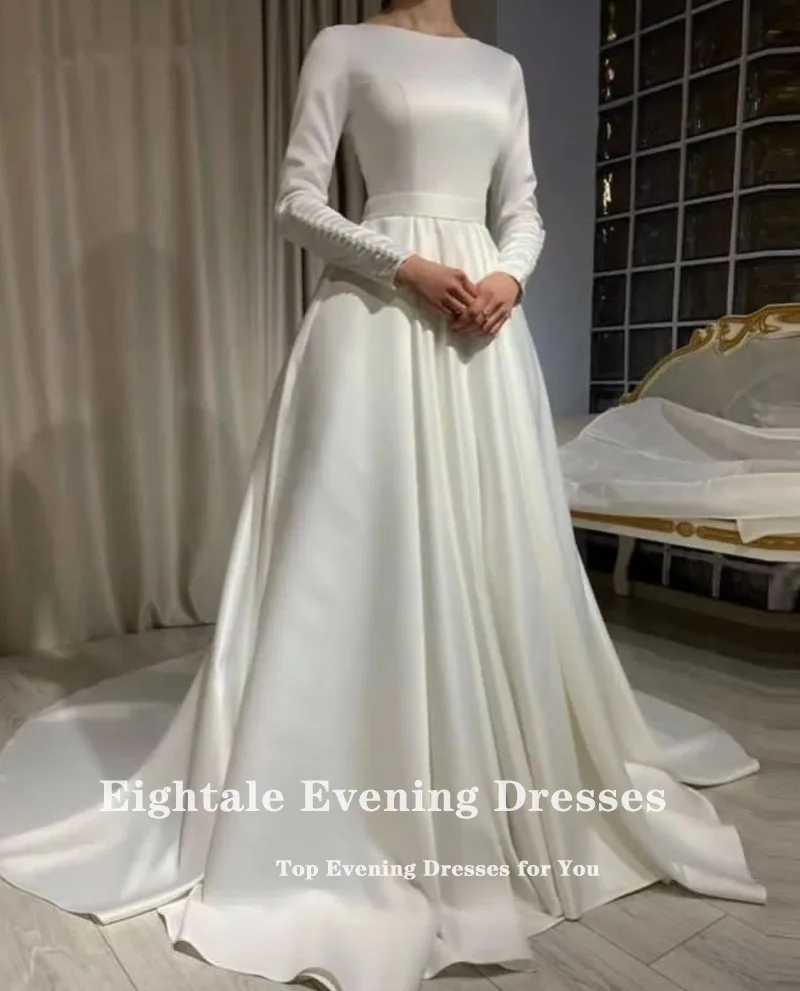 Eightale Arabic Wedding Dress Customized Ivory O-Neck Bridal Gown Long Sleeves Muslim Buttons A-Line Bride Party Dress