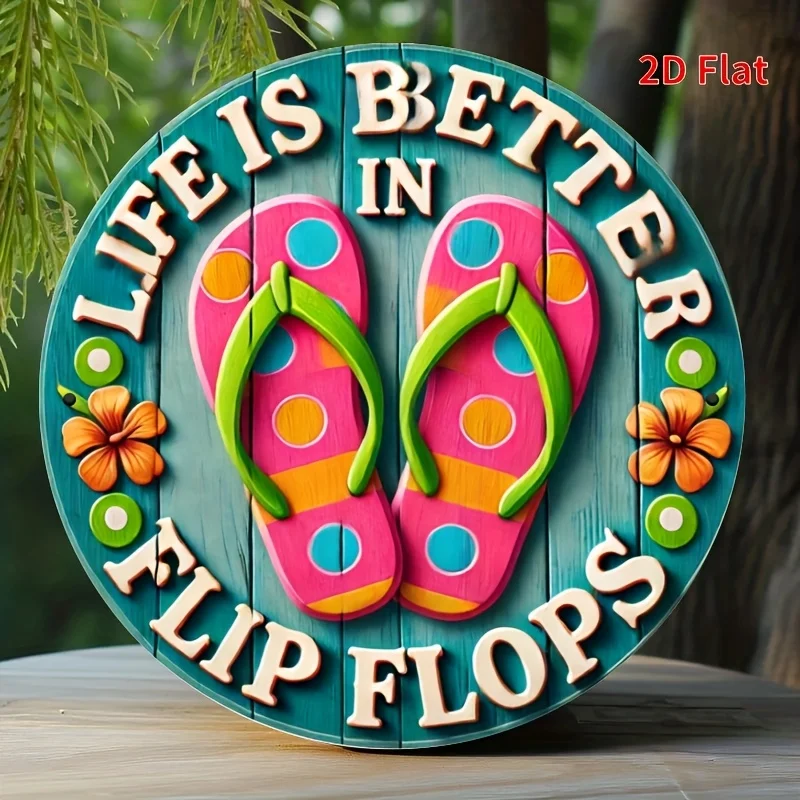 2D Flat Print, 1pc, 8x8 Inch Aluminum Metal Logo Flip-flops Floral Logo, Store Decor, Outdoor Decor, Interior Decor, Summer Flip