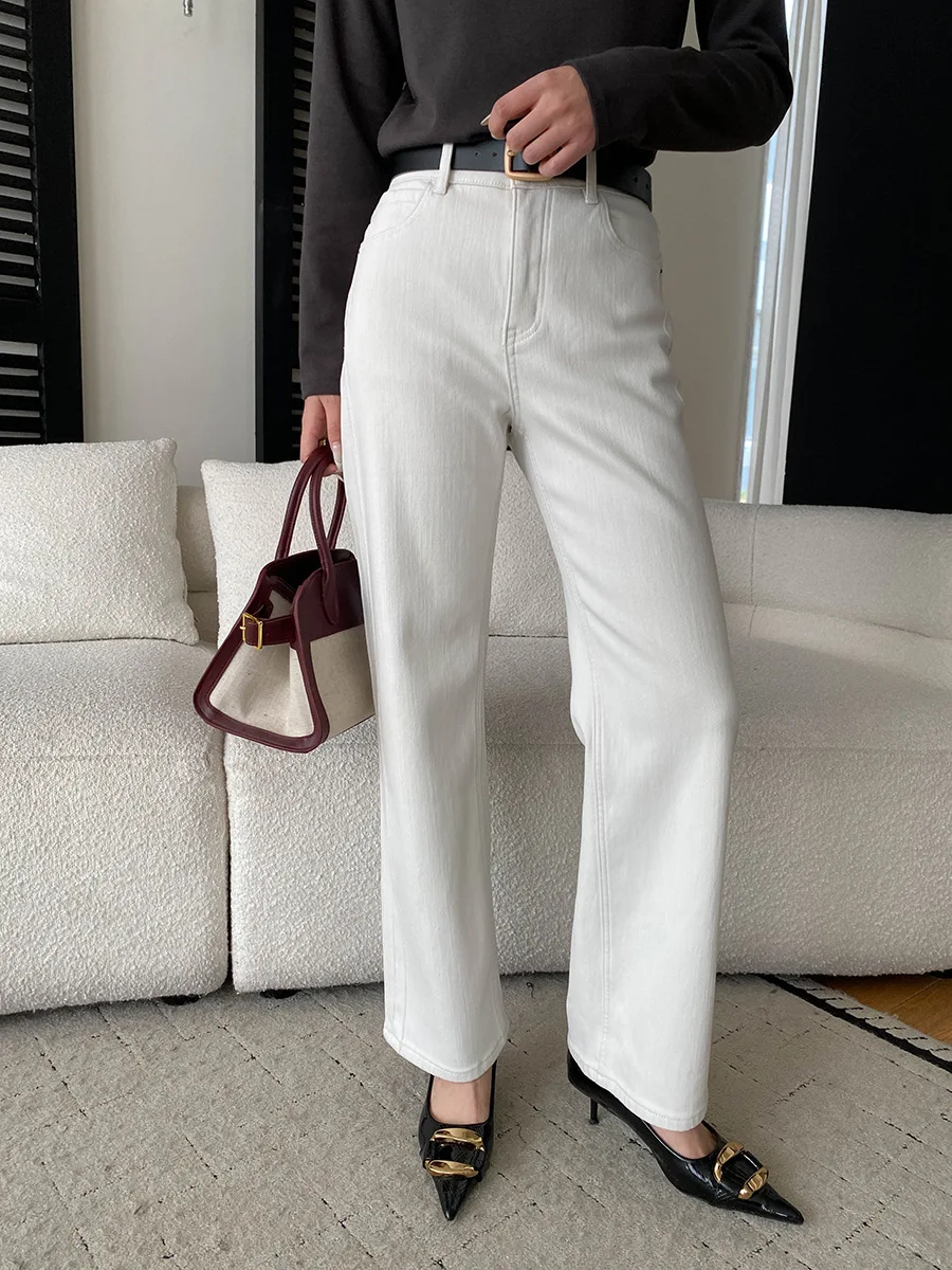 Celana jeans wanita kasual warna polos pinggang tinggi potongan lurus ramping dan berbulu halus