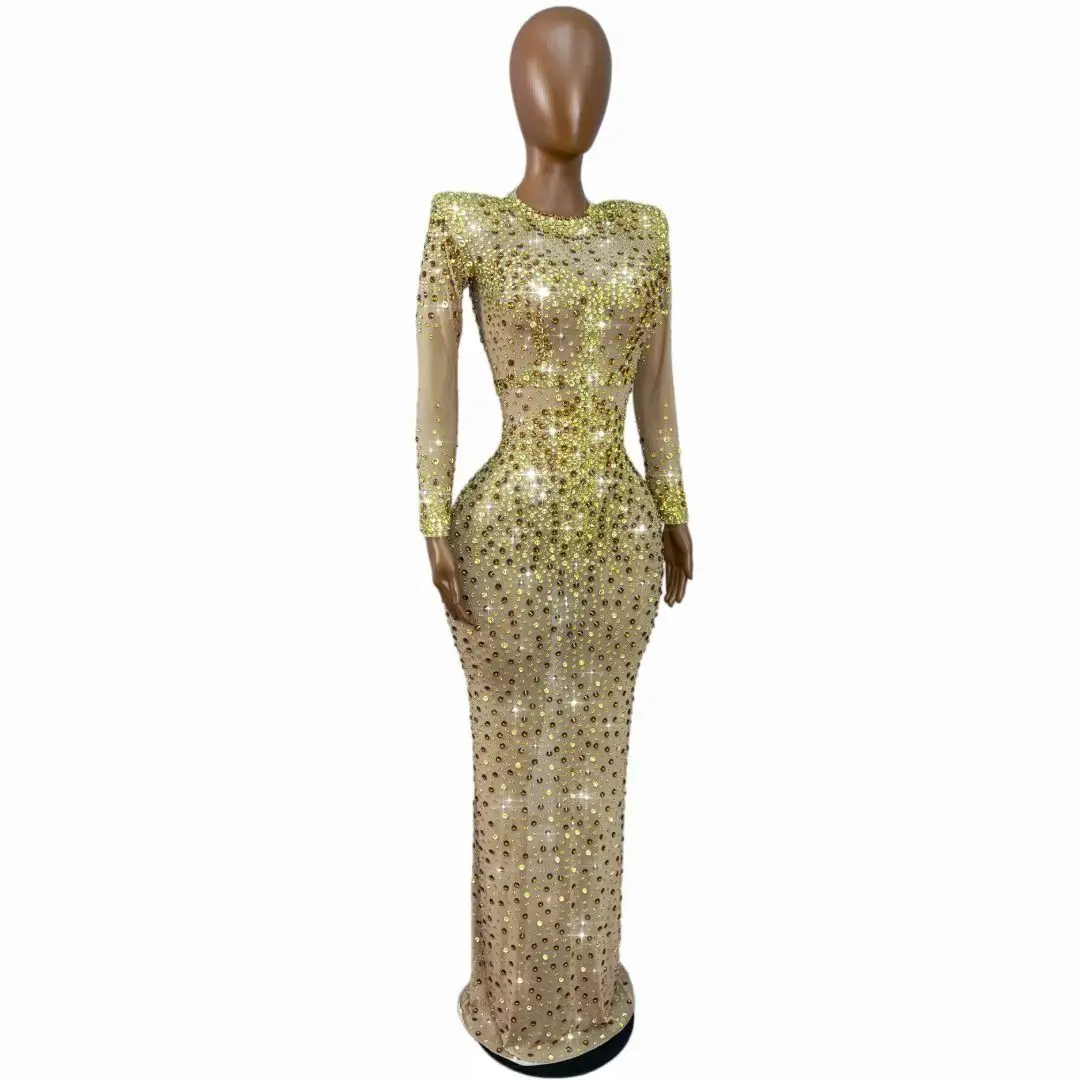 Kafeidou Gold Sheer Mesh Rhinestone Floor Length Dress with Structured Shoulders for Evening Gowns and Red Carpet Events