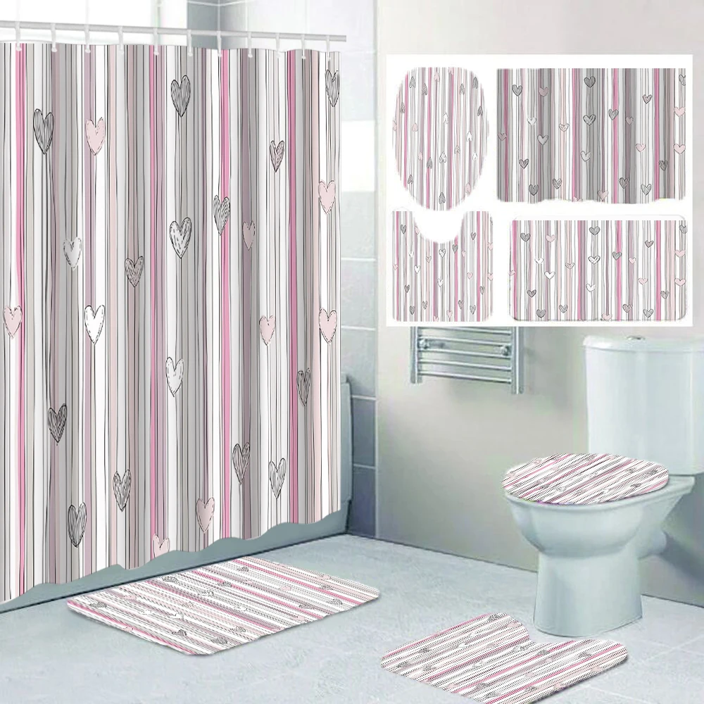 

Набор для ванной комнаты «Геометрическая любовь» (4/1): занавеска для душа, декор для унитаза, занавеска для душа с ковриком и крышкой для унитаза, размер 70,8x70,8 дюймов