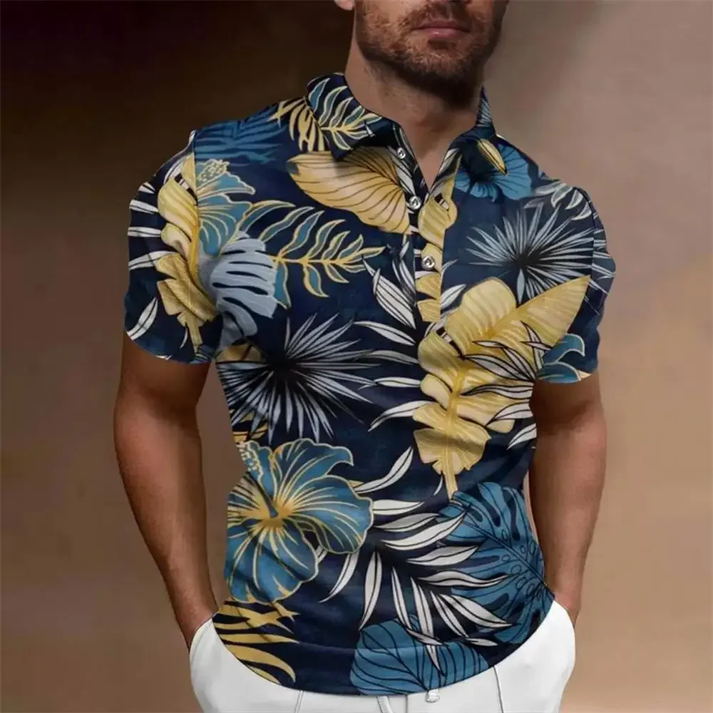 Camisa polo de manga curta de lapela grande para homens, tops estampados de coqueiro, camisa havaiana casual, roupas de viagem ao ar livre, nova