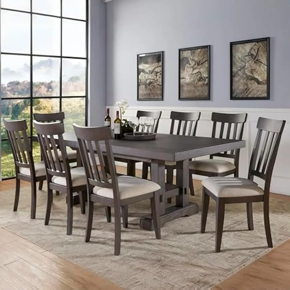 

Furniture Napa 9pc Dining Table Set, 72"-90"-108" Dining Table w/ 2-18" Leaves, 8 Upholstered Side Dining Chairs, Farmhouse Des