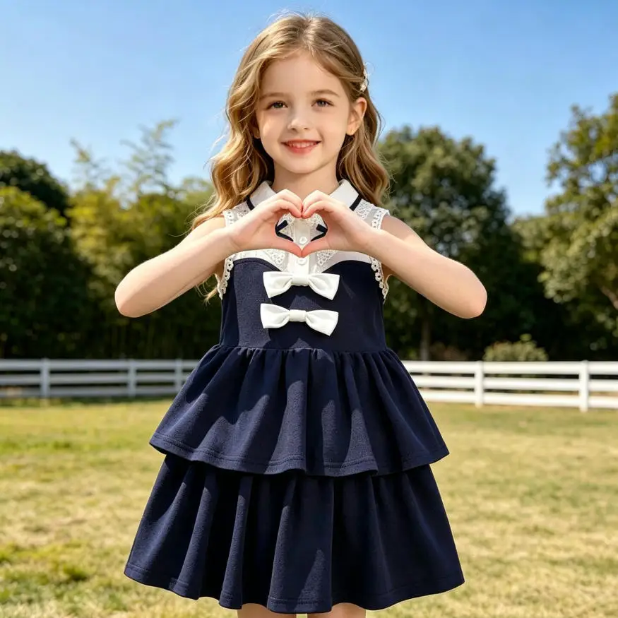 

Girls Set 2026 Spring and Summer New Childrens Clothes Girl Baby Preppy Navy Blue Stitching White Lace Lapel Cake Dress